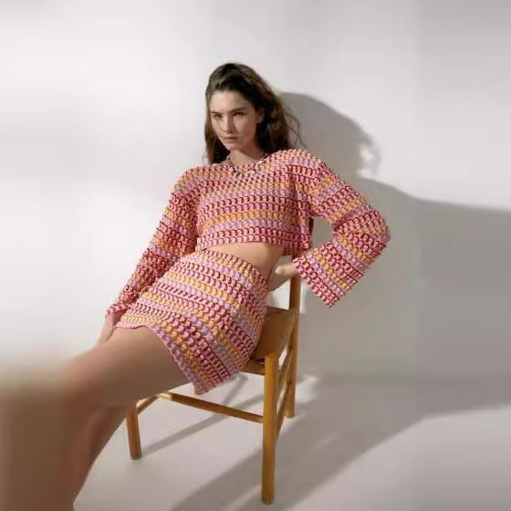 Lace Midriff Outfit Bell Sleeve Top Hip Skirt Suit HY120