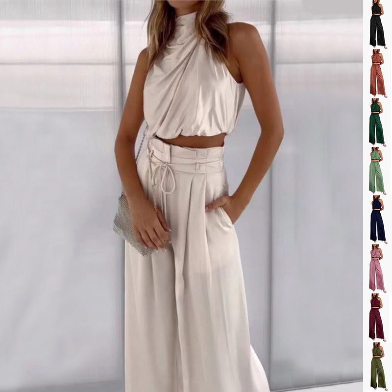 Women's Summer Sets Casual Sleeveless Midriff-baring Top & Wide Leg Pants 2pcs Set