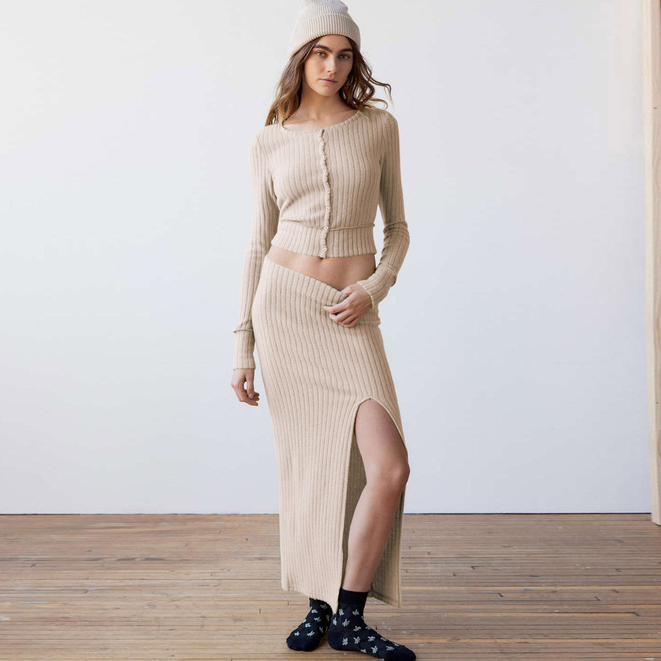 Long-sleeve Top & Maxi Split Skirt Set