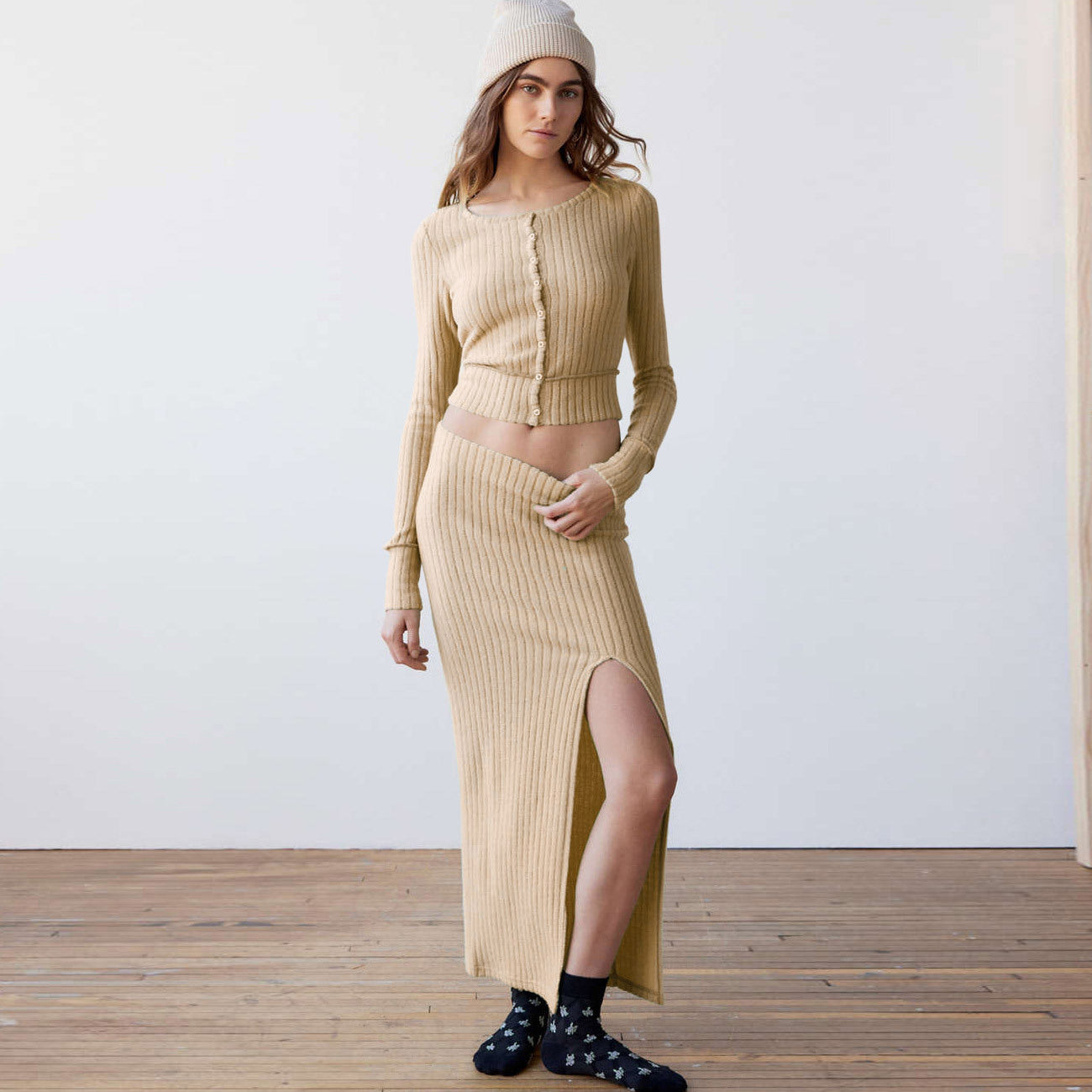 Long-sleeve Top & Maxi Split Skirt Set