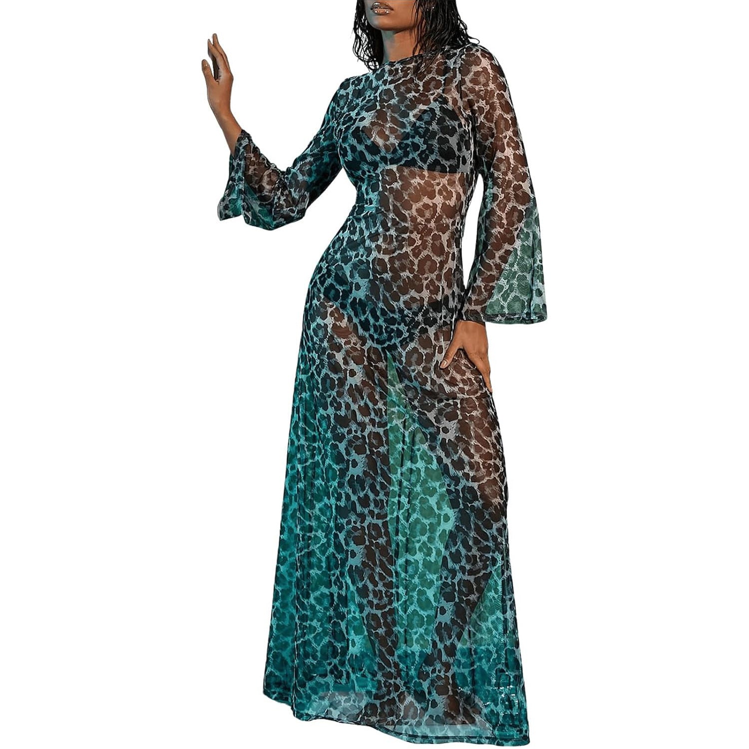 Sheer Mesh Graphic Print Sun Protection Seaside Vacation Beach Dress