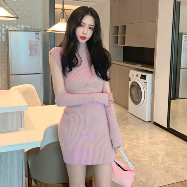 Bean Paste Marshmallow Dress Women's Sleeves Furry Sweater Dress Slim Bag
