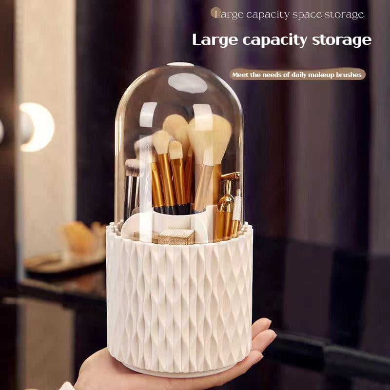 360 Degree Rotating Large Capacity Transparent Makeup Brush Storage Holder With Lid Desktop Cosmetic Storage Box