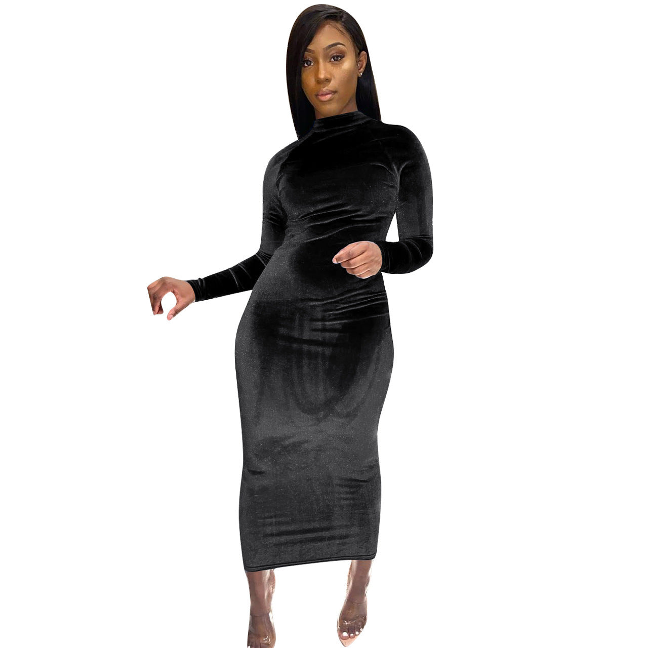 Velvet Maxi Mock Collar Zipper Dress