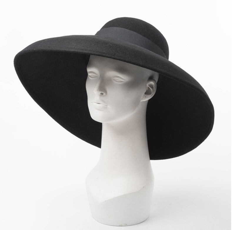 Classic Style Black Pure Wool Tilted Wide Brim Hat for Women