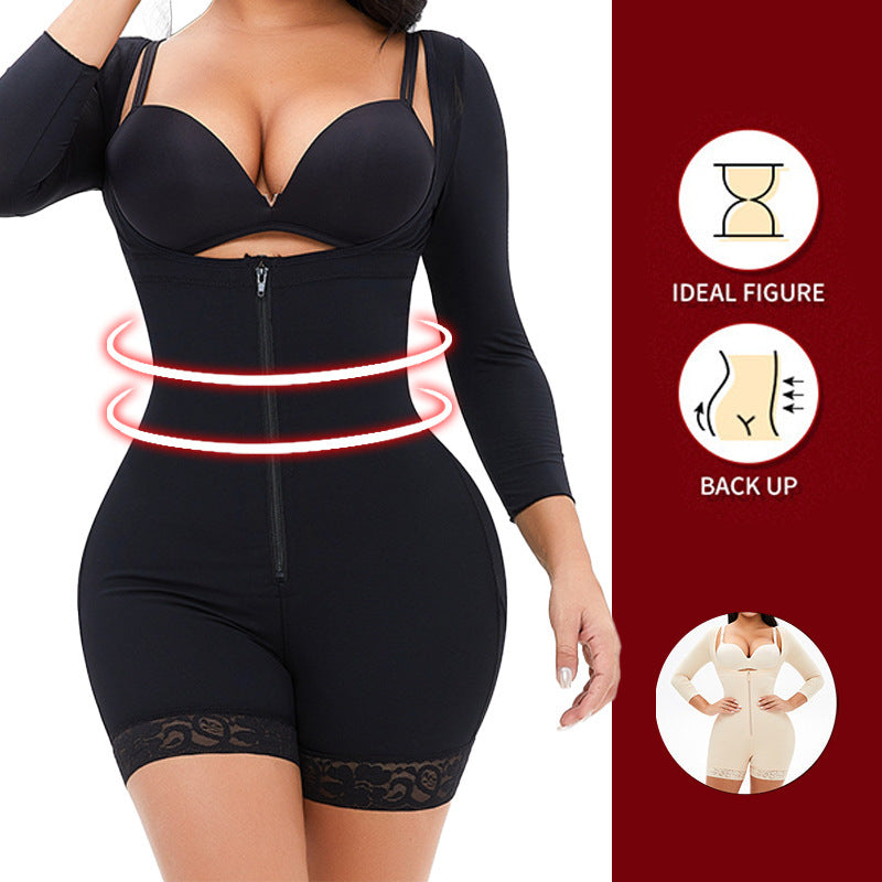 Plus-size Breasted Shapebody Onesie High Waist Long Sleeve Shorts