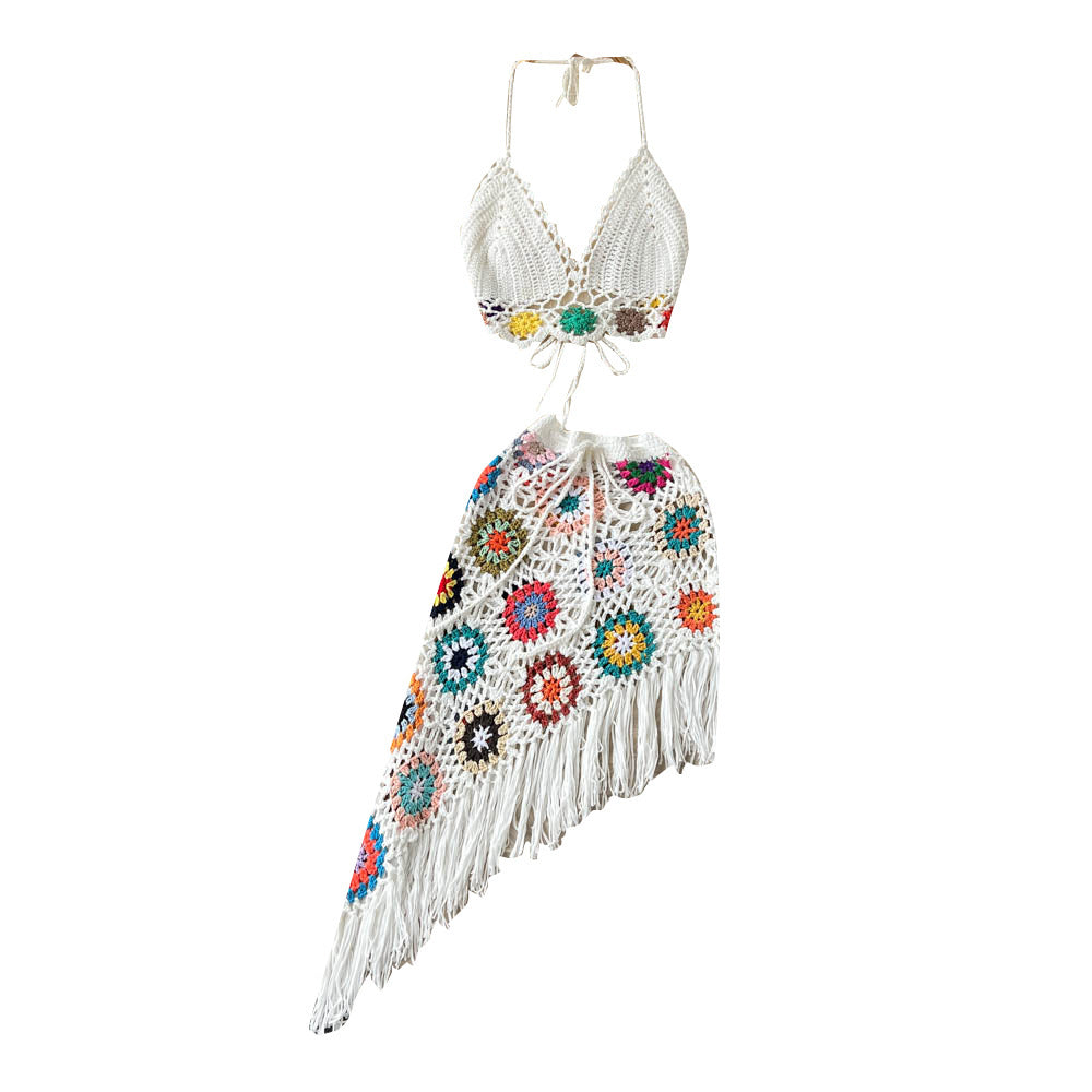 Women's Fashion Hollow Hook Flower Hanging Neck V-neck Bustier Top Short Skirt Set