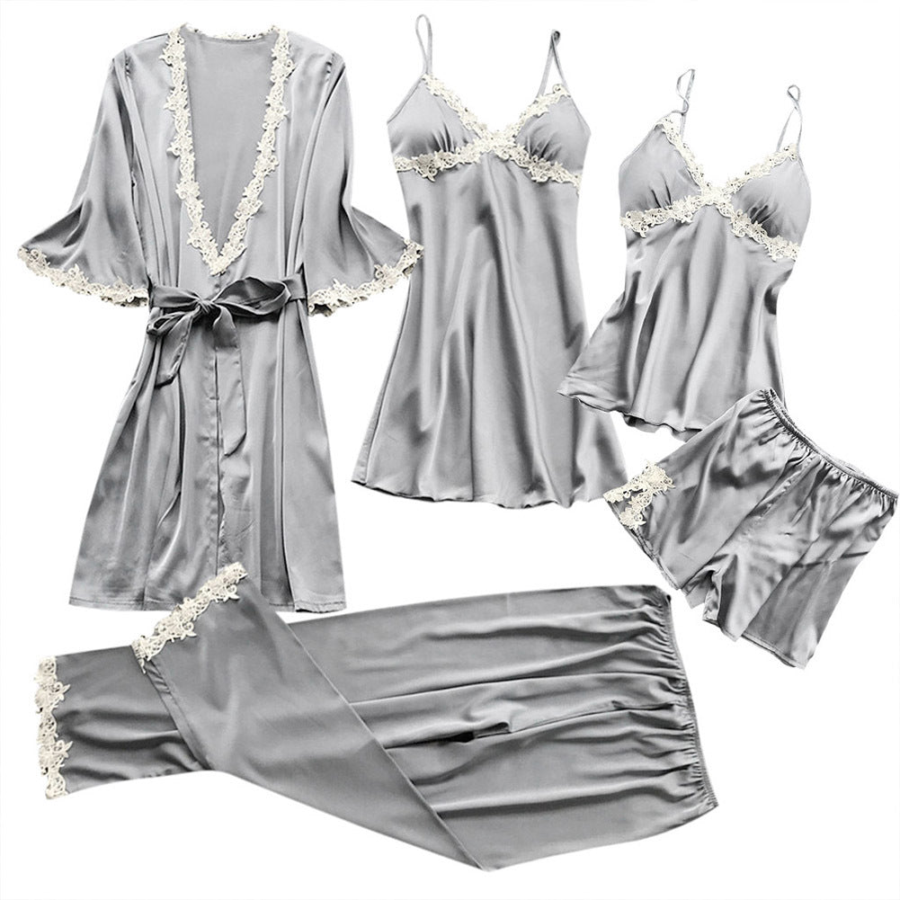 Lace-Trim Satin Nightwear 5-Pc Set