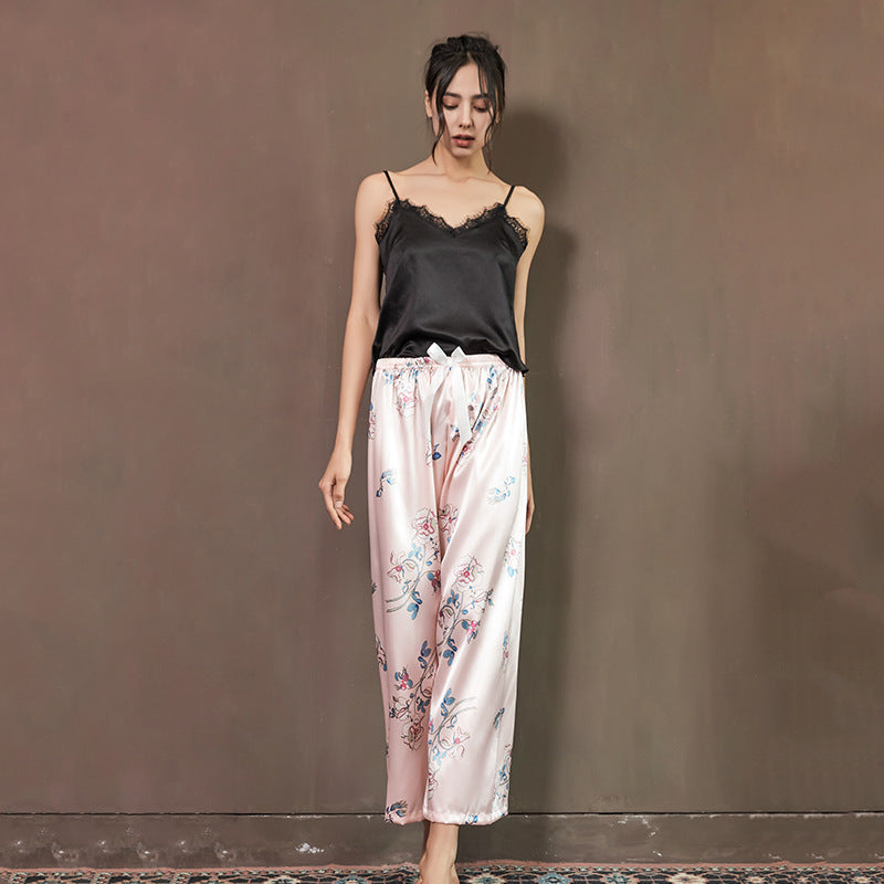 Two-piece Fashion Printed Pajama Suspenders, Imitation Silk Wide-leg Pants, Comfortable Casual Home Pants Cover