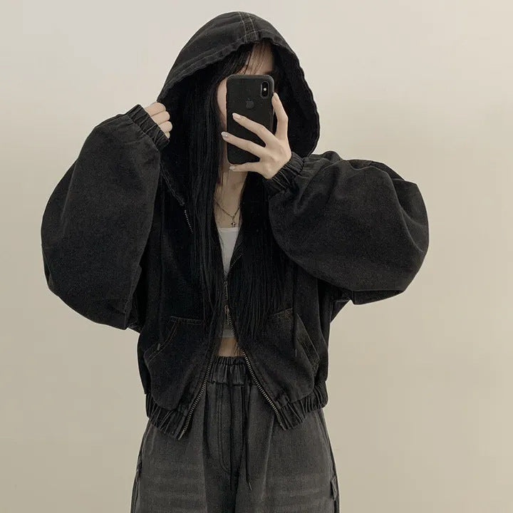 Retro Zipper All-matching Loose Casual Long Sleeve Hooded Short Denim Coat For Women