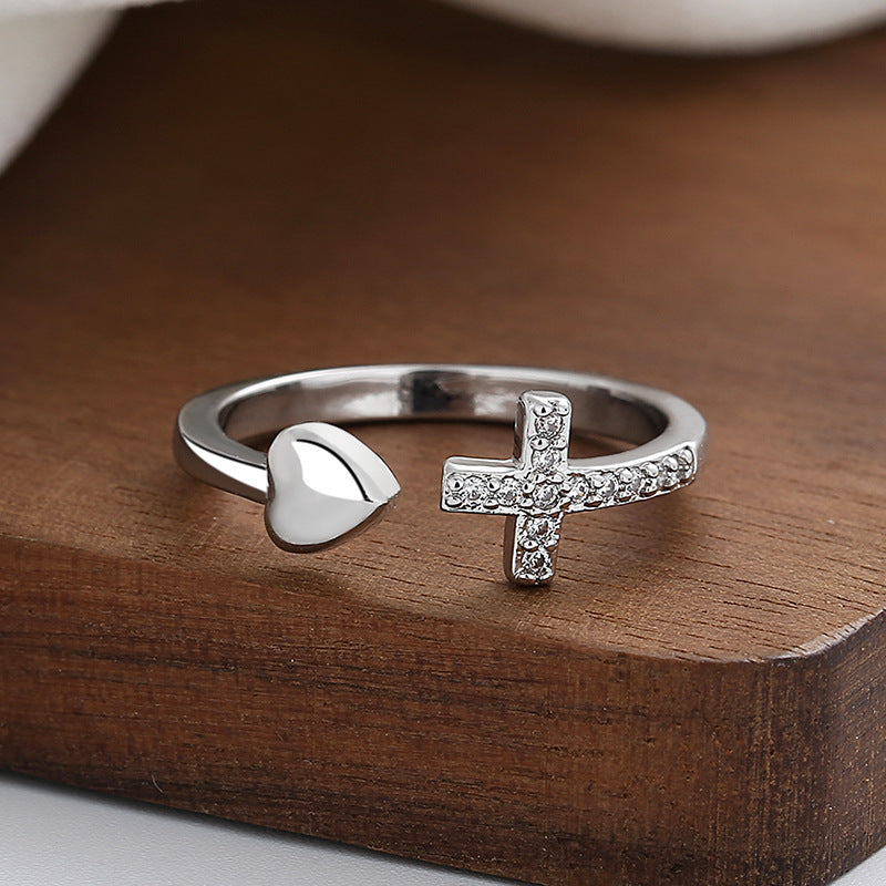 Cross Heart Ring with Rhinestones Open Adjustable Ring