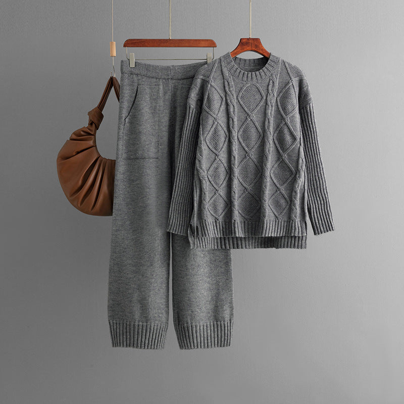 Plus Size Women's Clothing Cable-knit Pullover Sweater Suit