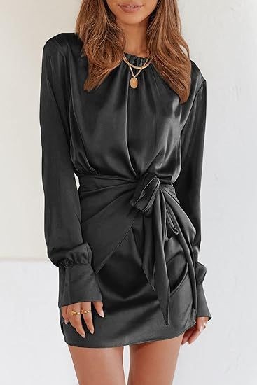 Women's Satin Long Sleeve Round Neck Tied Elegant Cocktail Party Dress