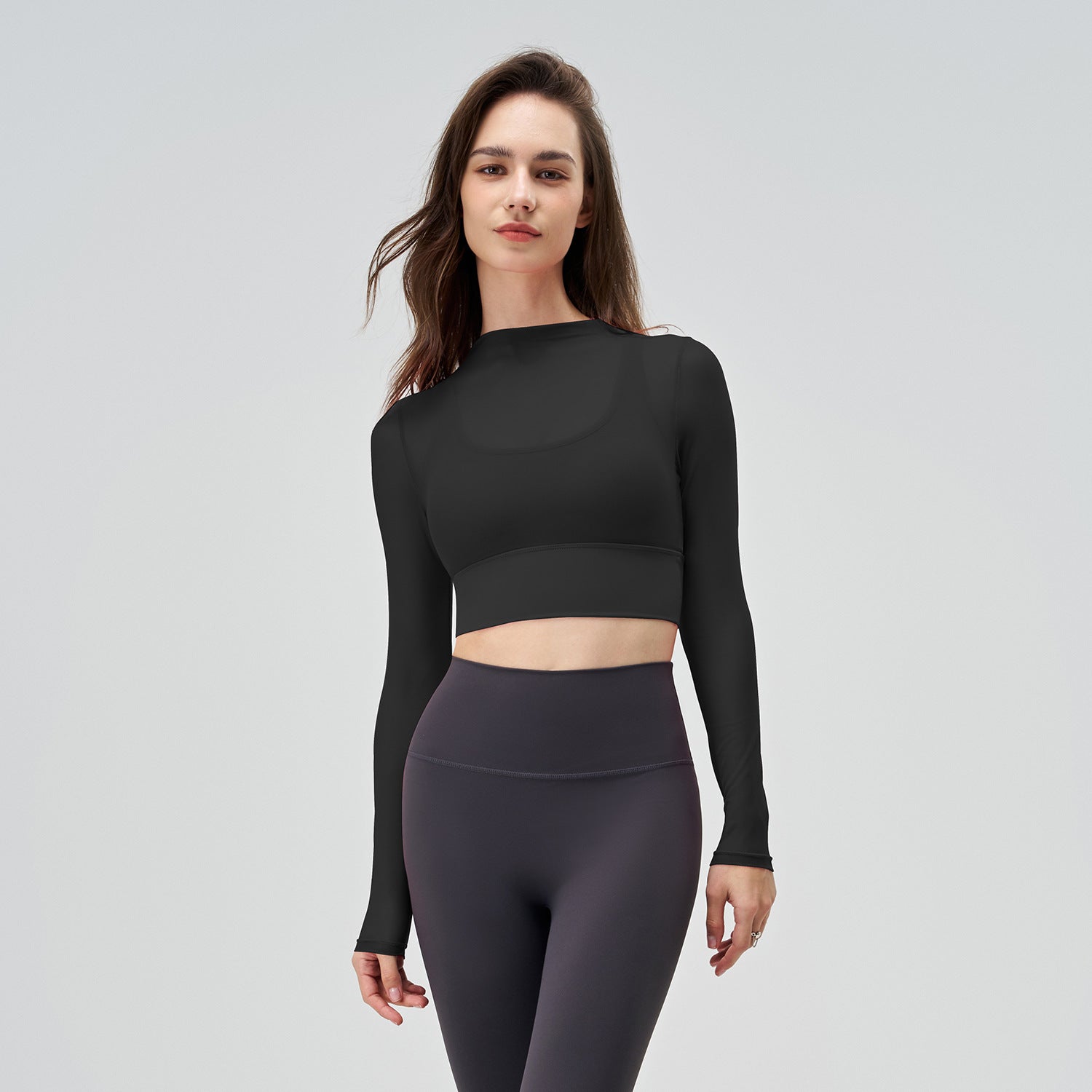 Exercise Mesh Slimming T-shirt Women's Summer Round Neck Quick-drying Long Sleeve Sexy Thin Long Sleeve Yoga Clothing Top