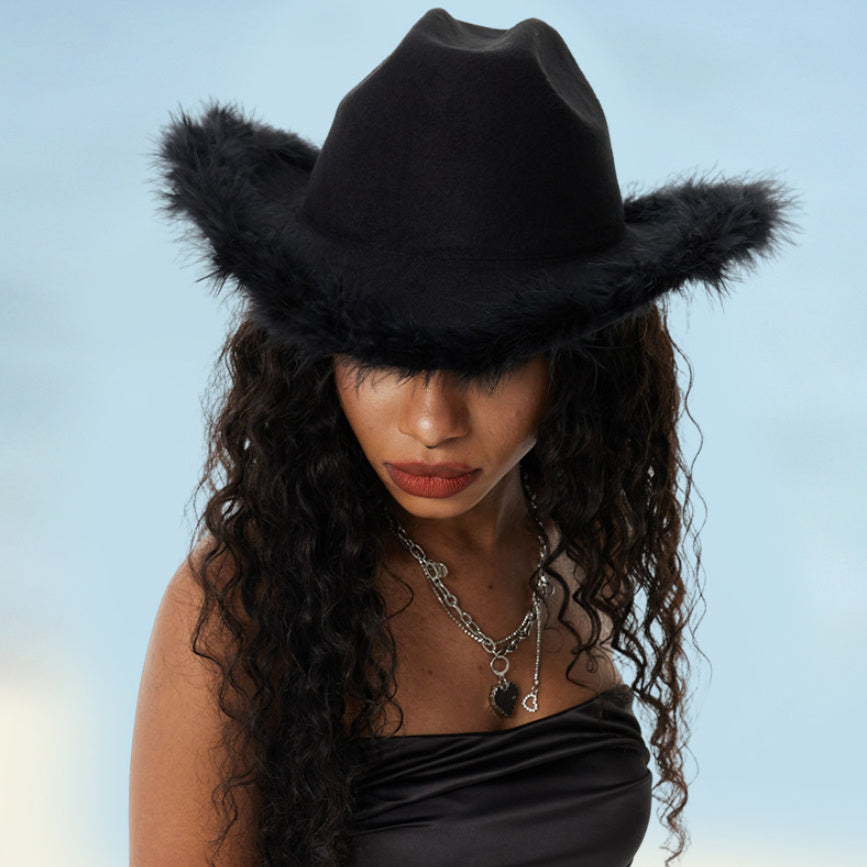 Women's Retro Black Woolen Big Brim Top Hat Fur Felt Hat