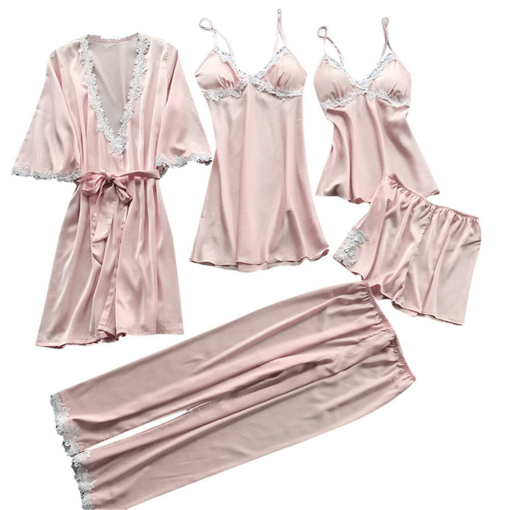 Lace-Trim Satin Nightwear 5-Pc Set