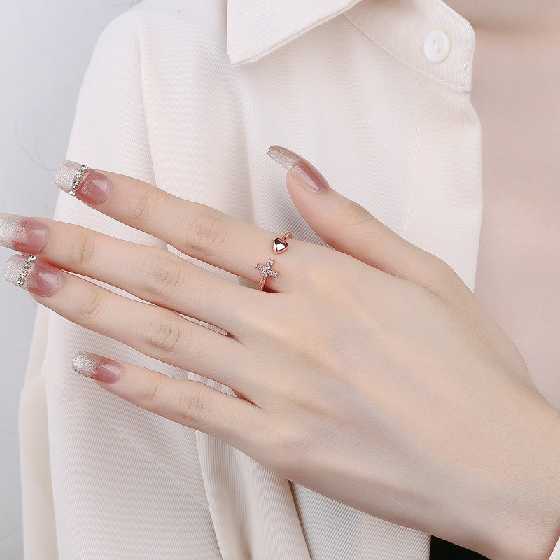 Cross Heart Ring with Rhinestones Open Adjustable Ring