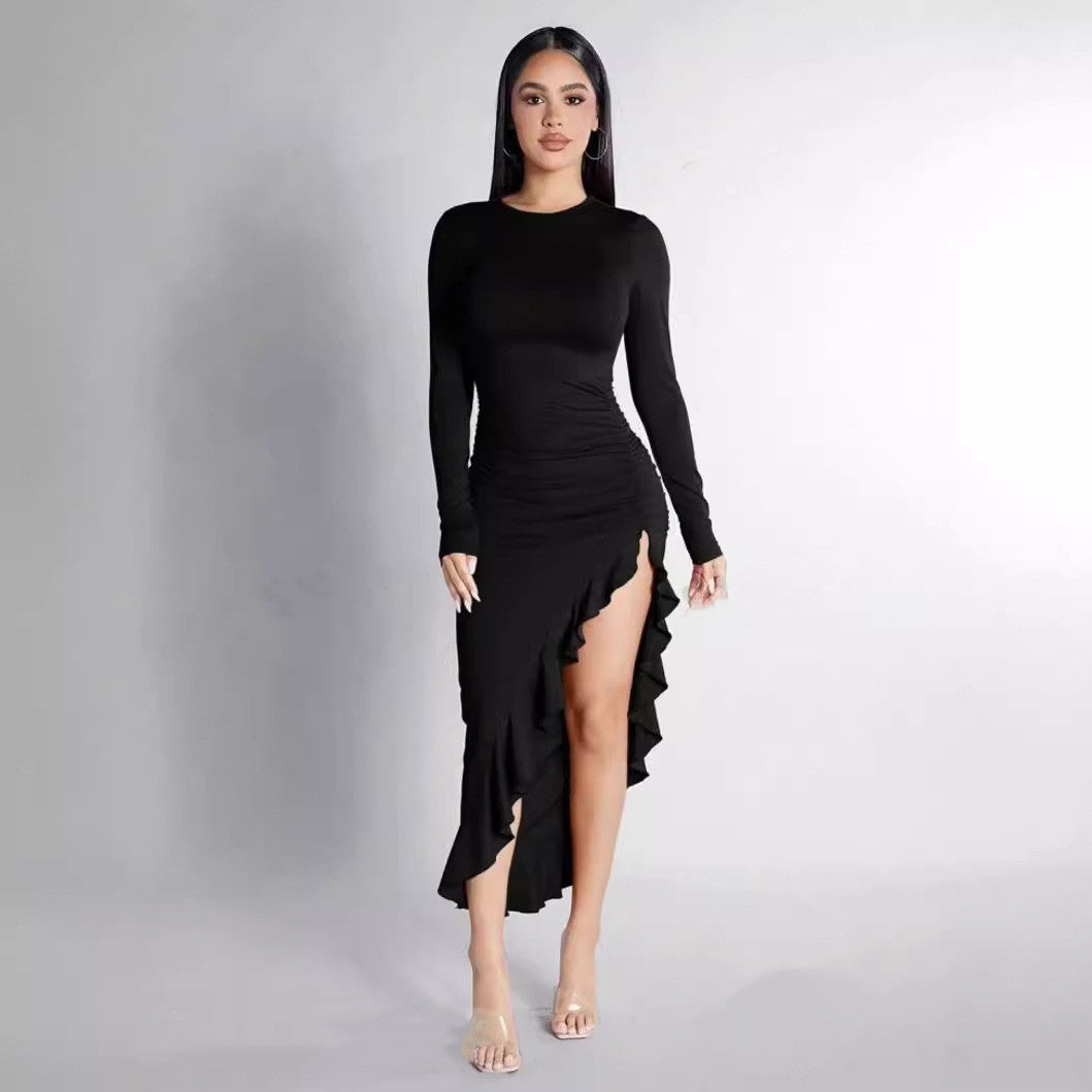 Fitted Ruffle Hem Slit Dress