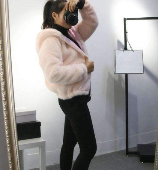 Autumn and winter new Korean version of the rabbit fur grass short female imitation mink loose plush hooded thick coat