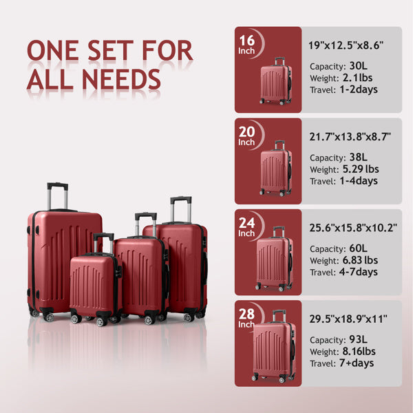 4-Piece Hardside Luggage Set, 16in 20in 24in 28in