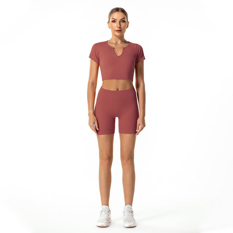 Padded V-neck Short-sleeved High-waisted Knitted Running Fitness Tracksuit