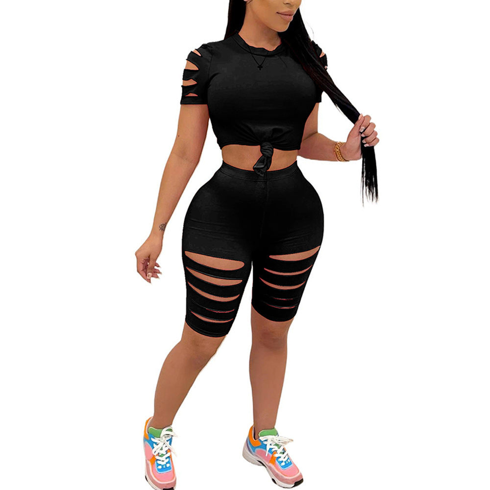 Women's Fashion Casual Two-Piece Set Ripped Tie Waist Tee and Bike Short