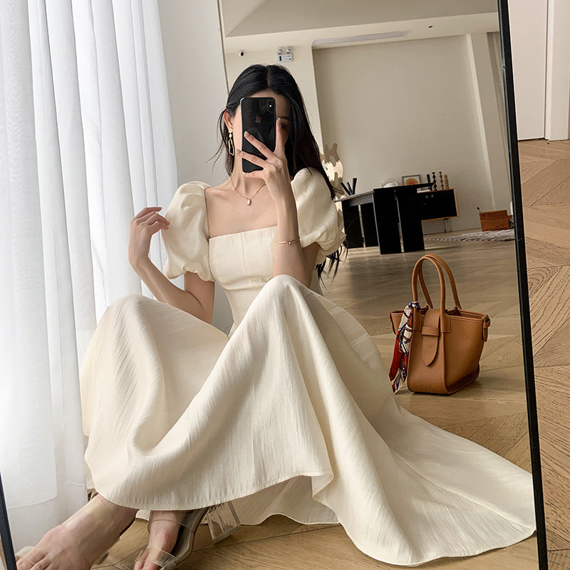 Square Collar French Tea Break Waist-tight Puff Sleeve Gentle Long Dress