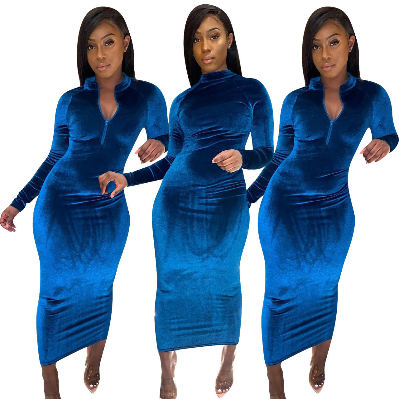 Velvet Maxi Mock Collar Zipper Dress