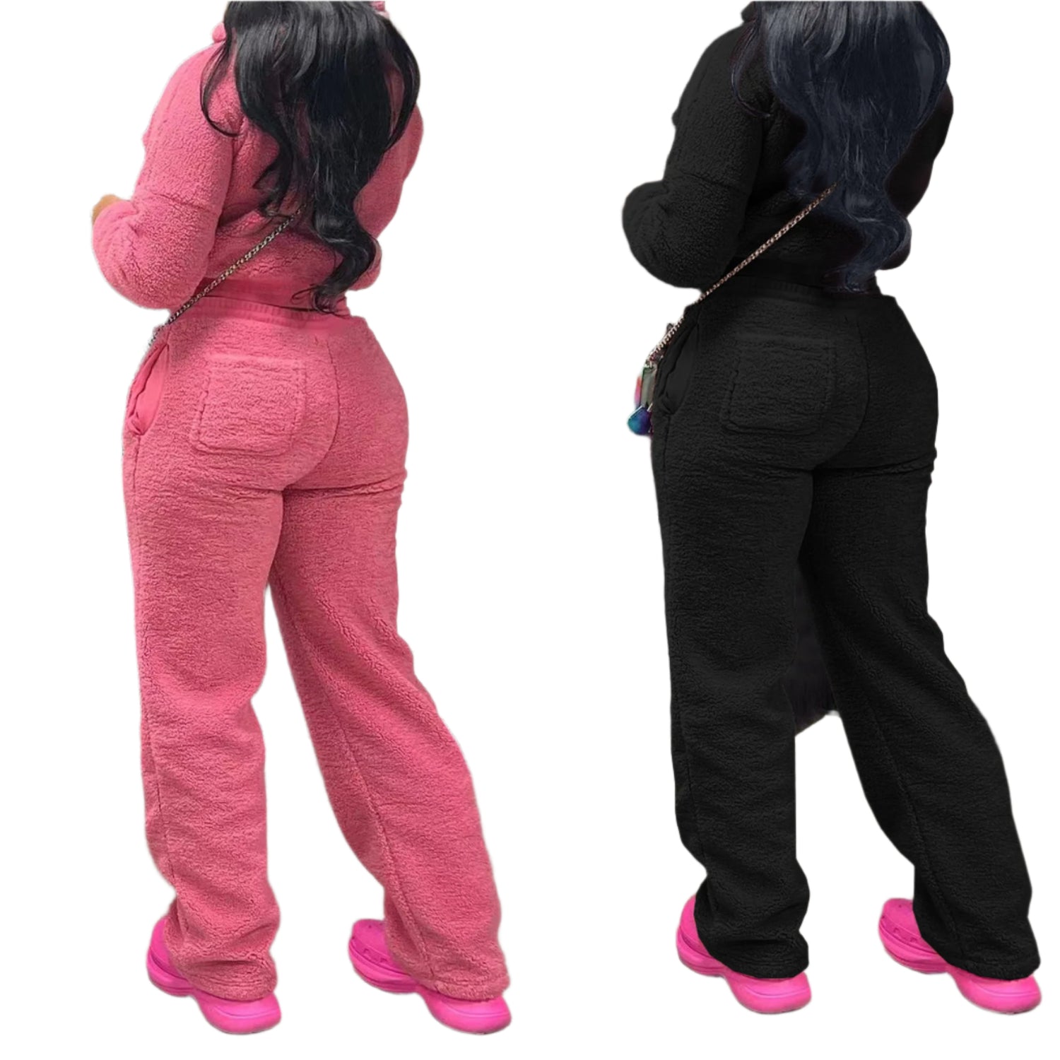 Matching Fleece Long Sleeve Crop Top and Pants Set