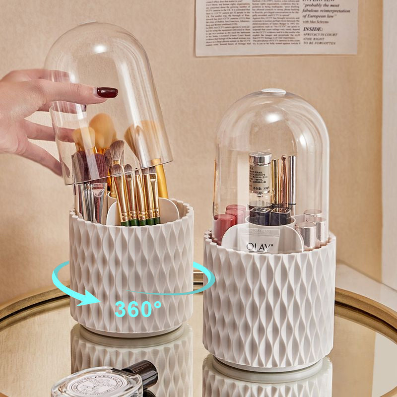 360 Degree Rotating Large Capacity Transparent Makeup Brush Storage Holder With Lid Desktop Cosmetic Storage Box