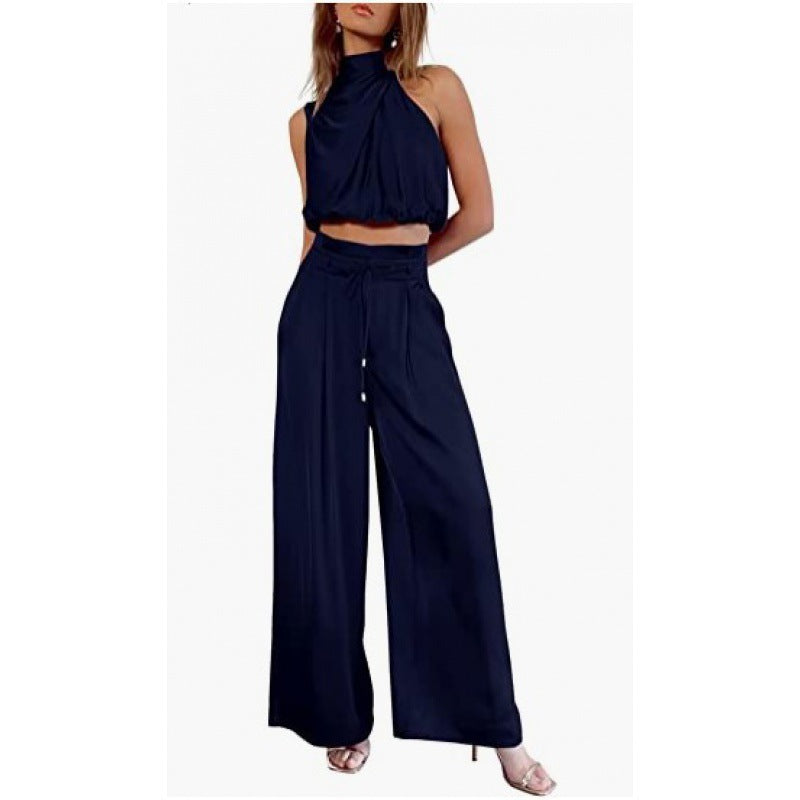 Women's Summer Sets Casual Sleeveless Midriff-baring Top & Wide Leg Pants 2pcs Set