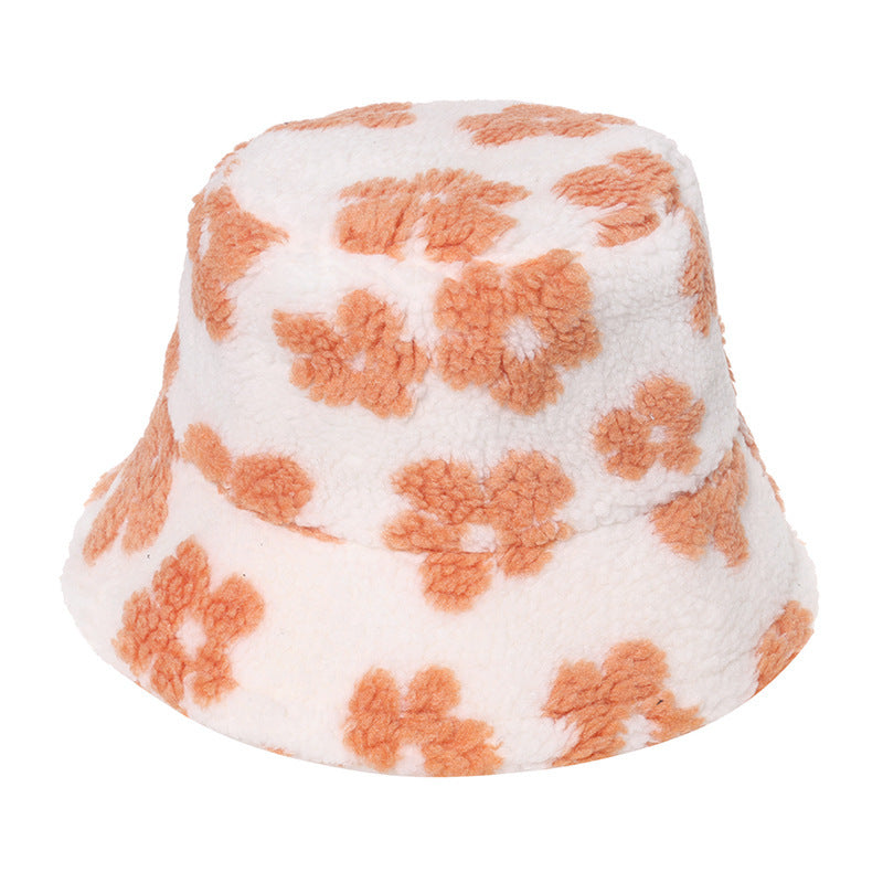 Lamb Wool Floral Fisherman Hat Women With Printed Warm