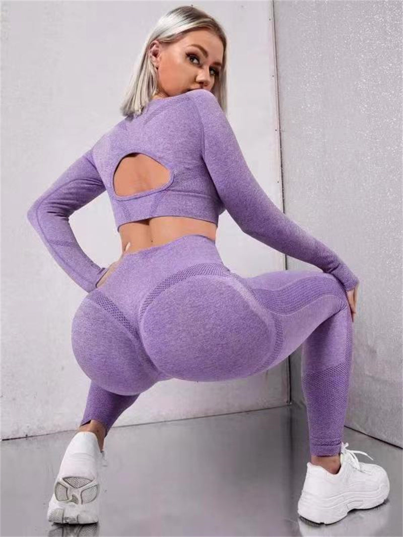 2pcs Sports Set Long Sleeve Cutout Tops And Butt Lifting High Waist Seamless Fitness Leggings Yoga Gym Sportswear Outfits Clothing