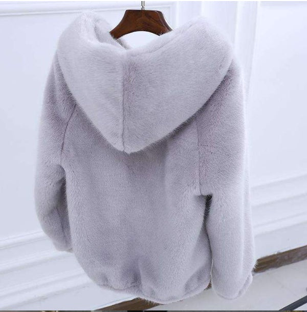 Autumn and winter new Korean version of the rabbit fur grass short female imitation mink loose plush hooded thick coat