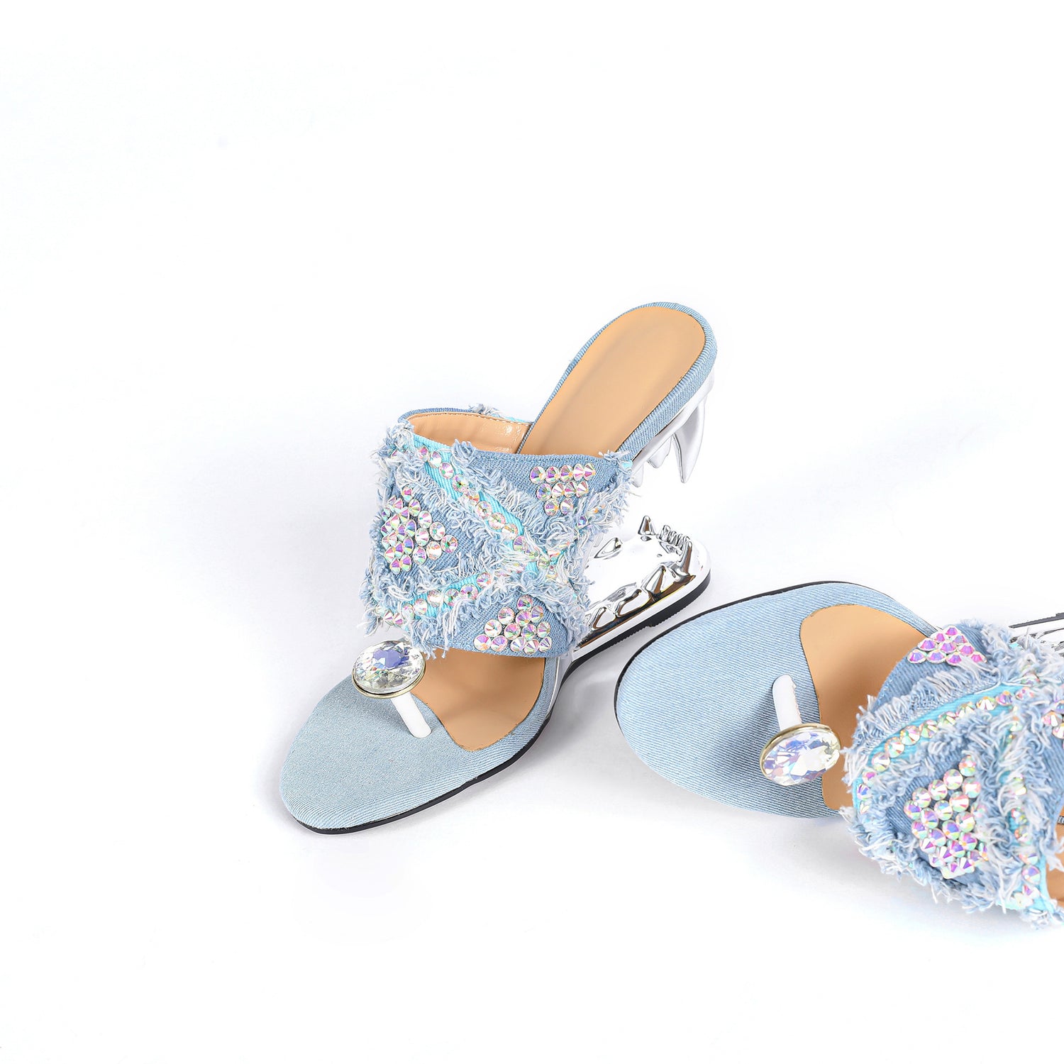 Rhinestone Round Toe Clip Toe Slip-on Metal Teeth Profiled Heel Women's High Heel Plus Size Shoes