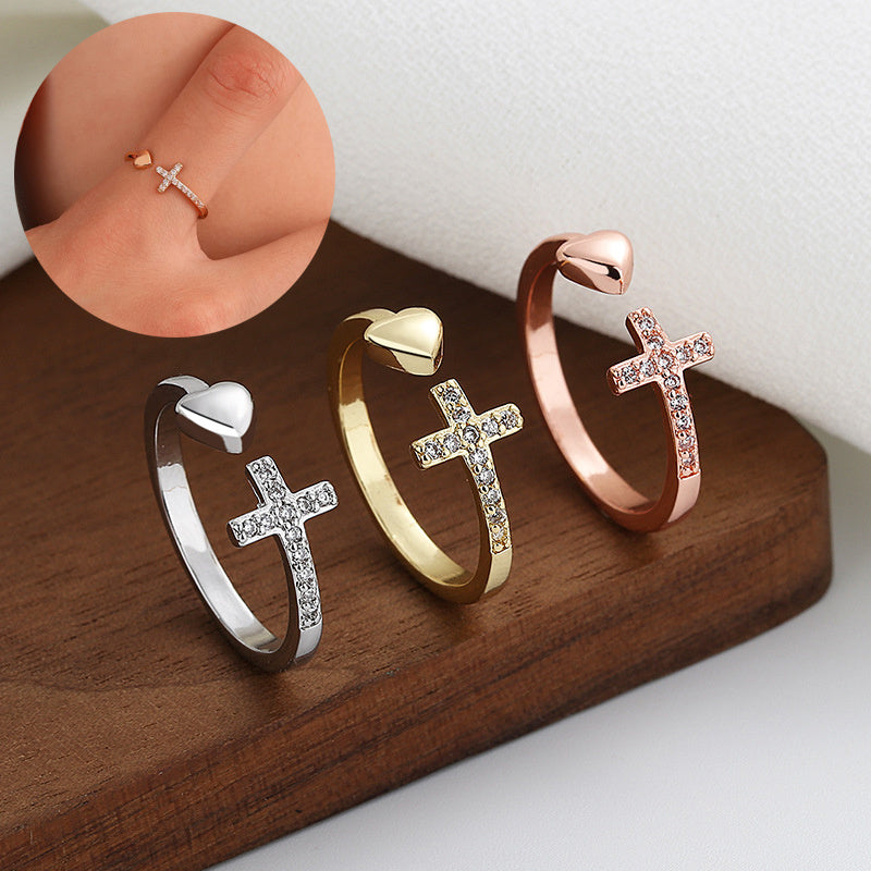 Cross Heart Ring with Rhinestones Open Adjustable Ring