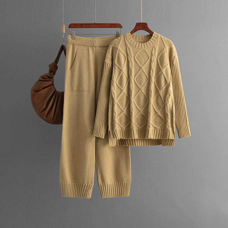 Plus Size Women's Clothing Cable-knit Pullover Sweater Suit