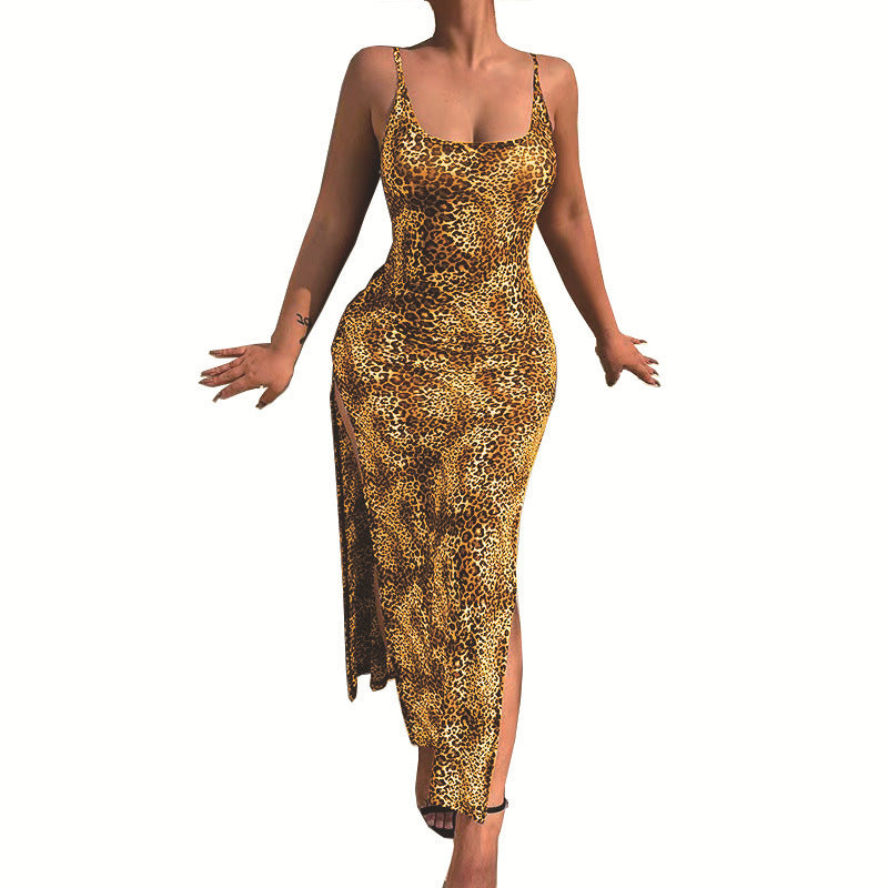 European And American Holiday Temperament Slit Skirt Fashion Leopard Animal Print Dress