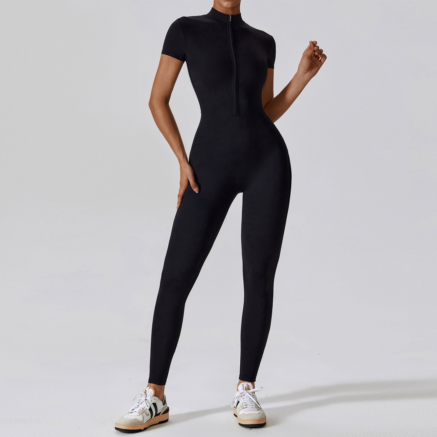 Short Sleeve Nude Feel Yoga Zipper Jumpsuit