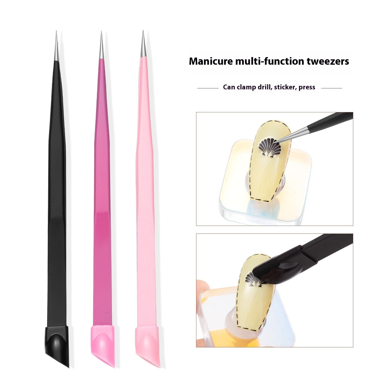 Manicure Double-headed Tweezers Multi-function With Silicone Pressing Stick