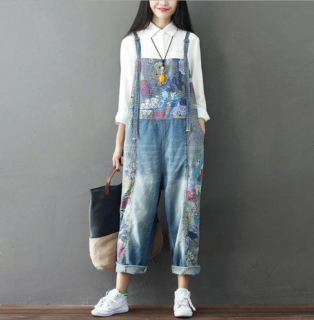 Women's Wide Leg Jeans Full Length Loose Denim Overalls Washed Print Ripped Hole Overalls