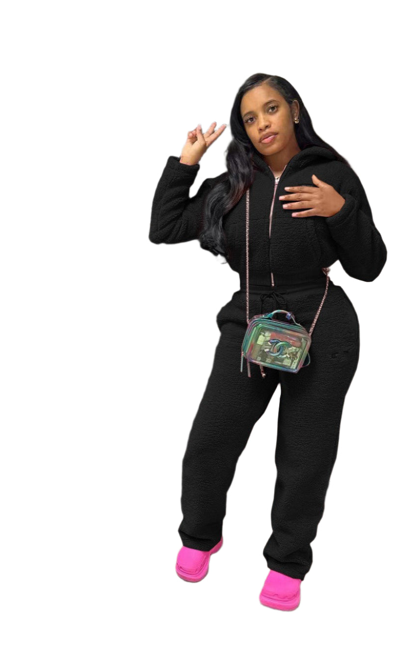 Matching Fleece Long Sleeve Crop Top and Pants Set