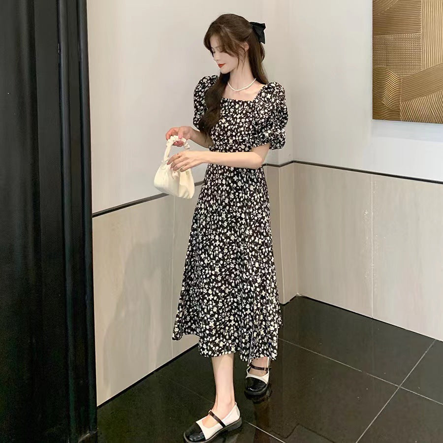 Summer Tea Break Beautiful High-grade Temperament French Square Collar Dress