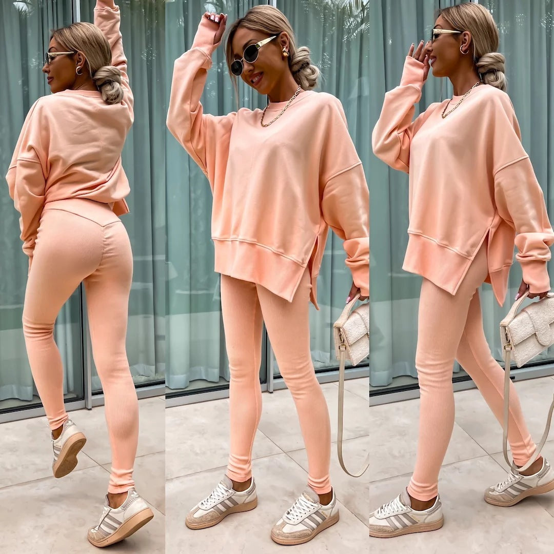 2pcs Casual Loose Long Sleeve Crew Neck Split Top and Leggings Set
