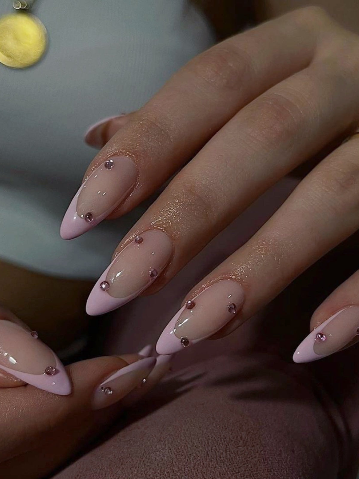 Rhinestone French Manicure Almond Shape Nail Set