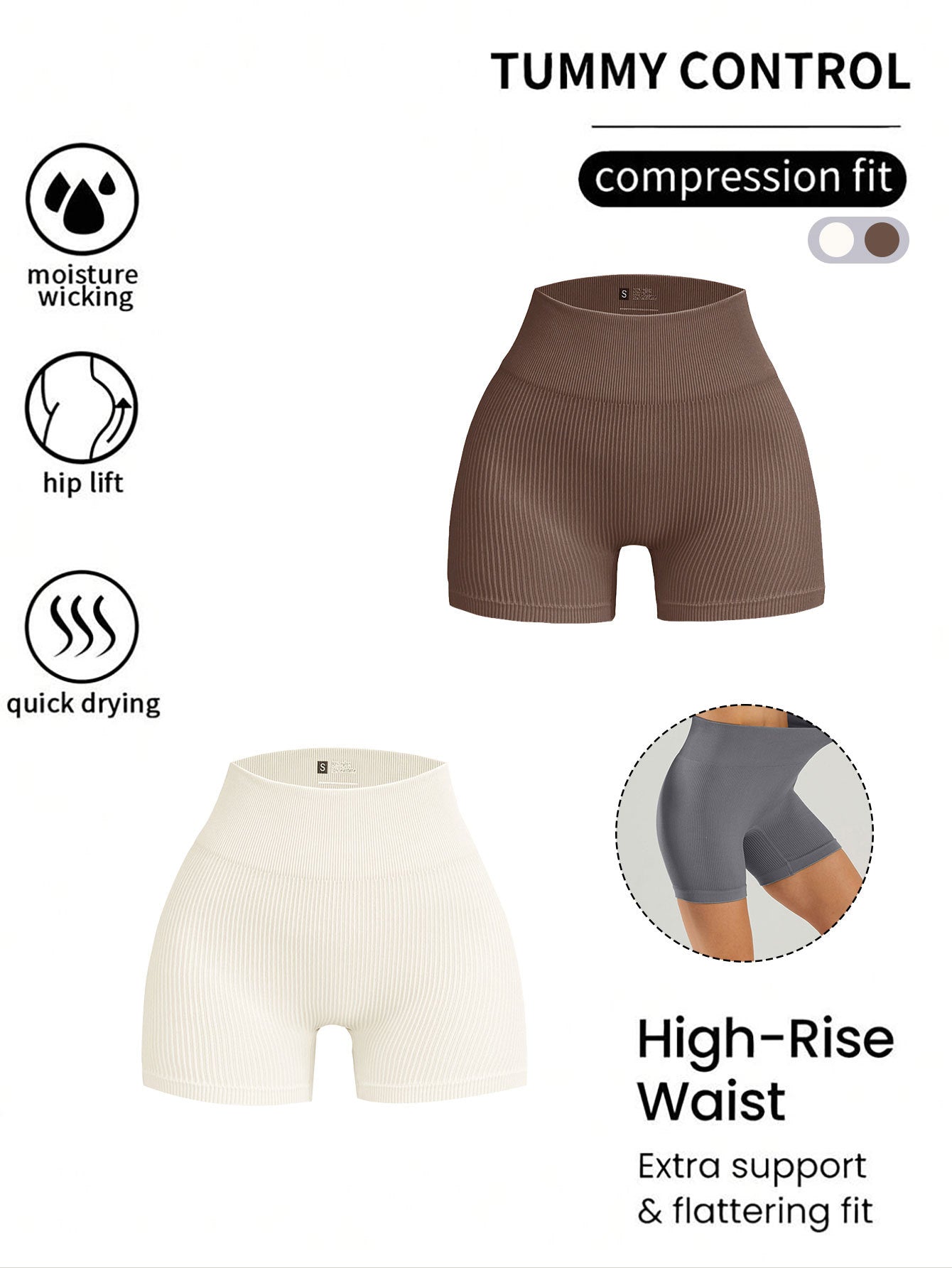 2 Pack Women's High Waist Solid Color Ribbed Seamless Biker Shorts Yoga Workout Shorts