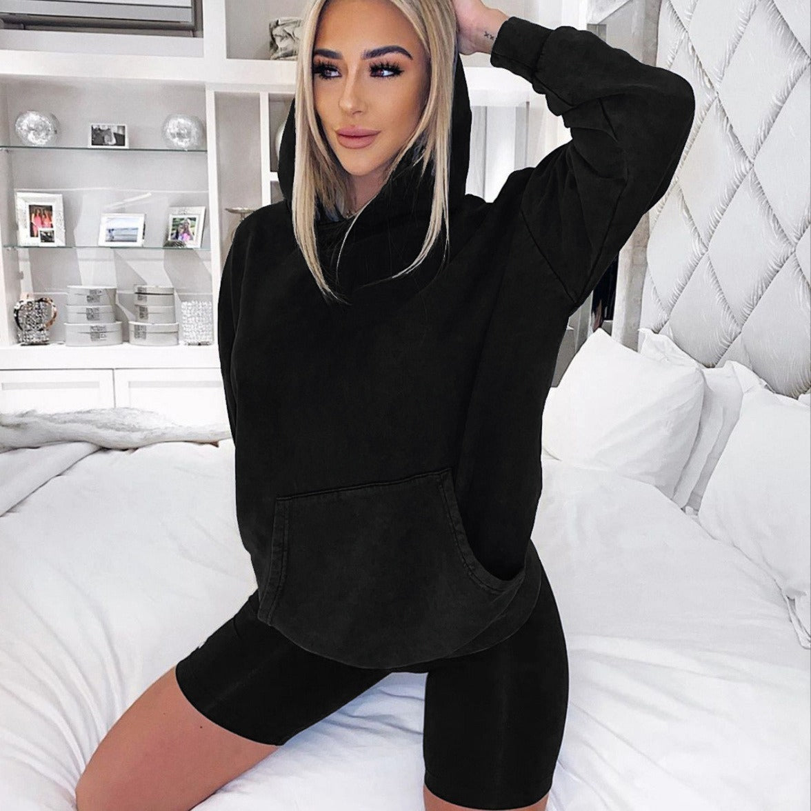 Fashion Casual Solid Color Hoodie Sweater Shorts Sports Set