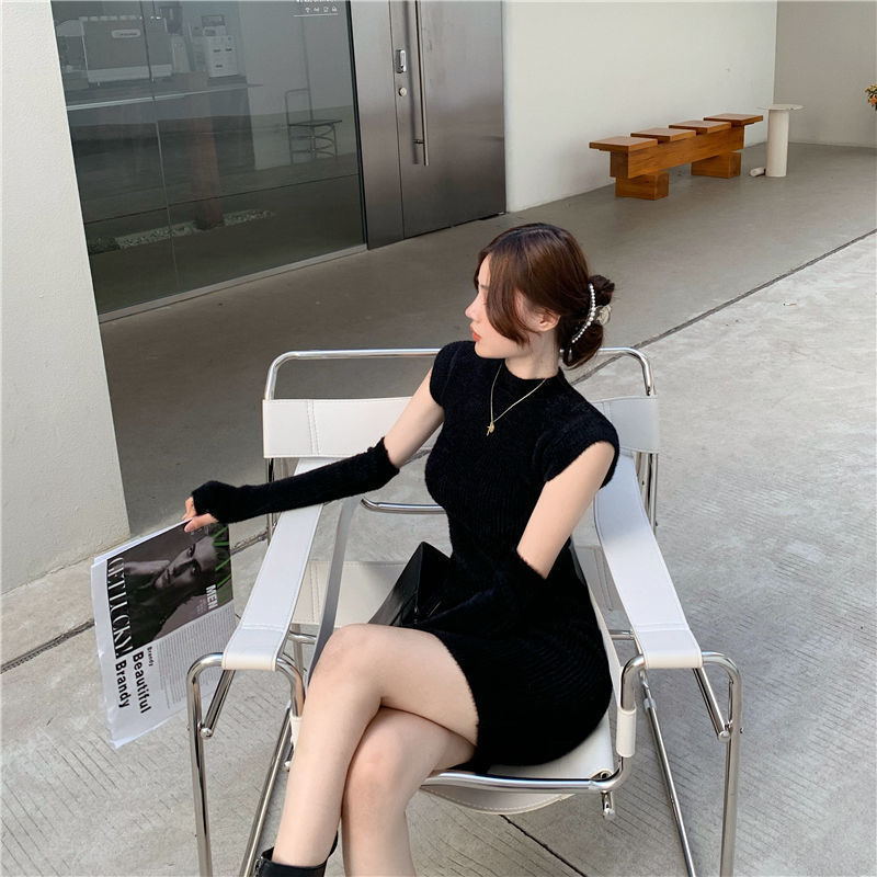 Bean Paste Marshmallow Dress Women's Sleeves Furry Sweater Dress Slim Bag