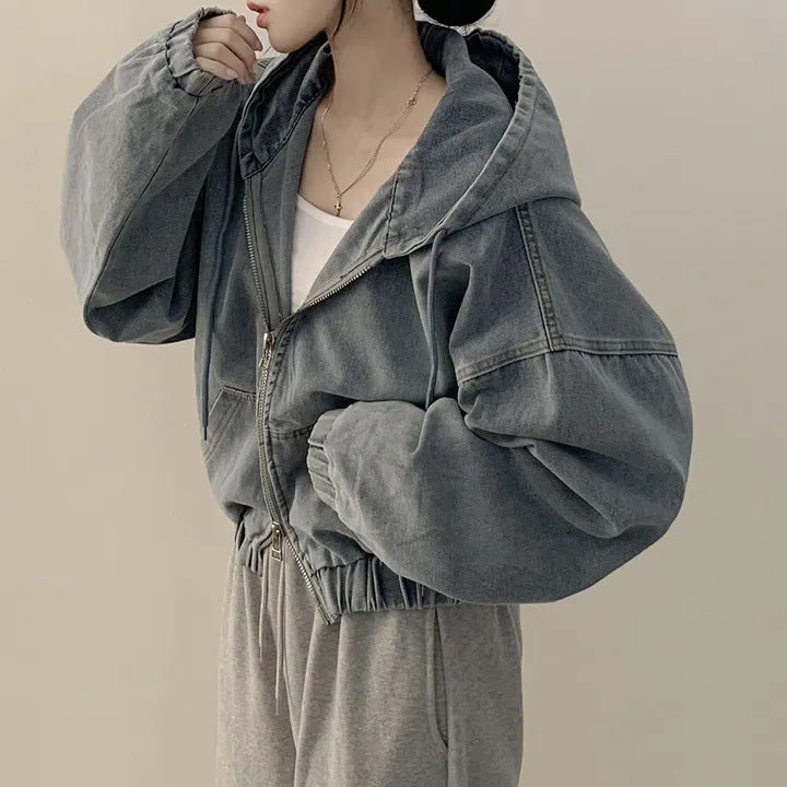 Retro Zipper All-matching Loose Casual Long Sleeve Hooded Short Denim Coat For Women
