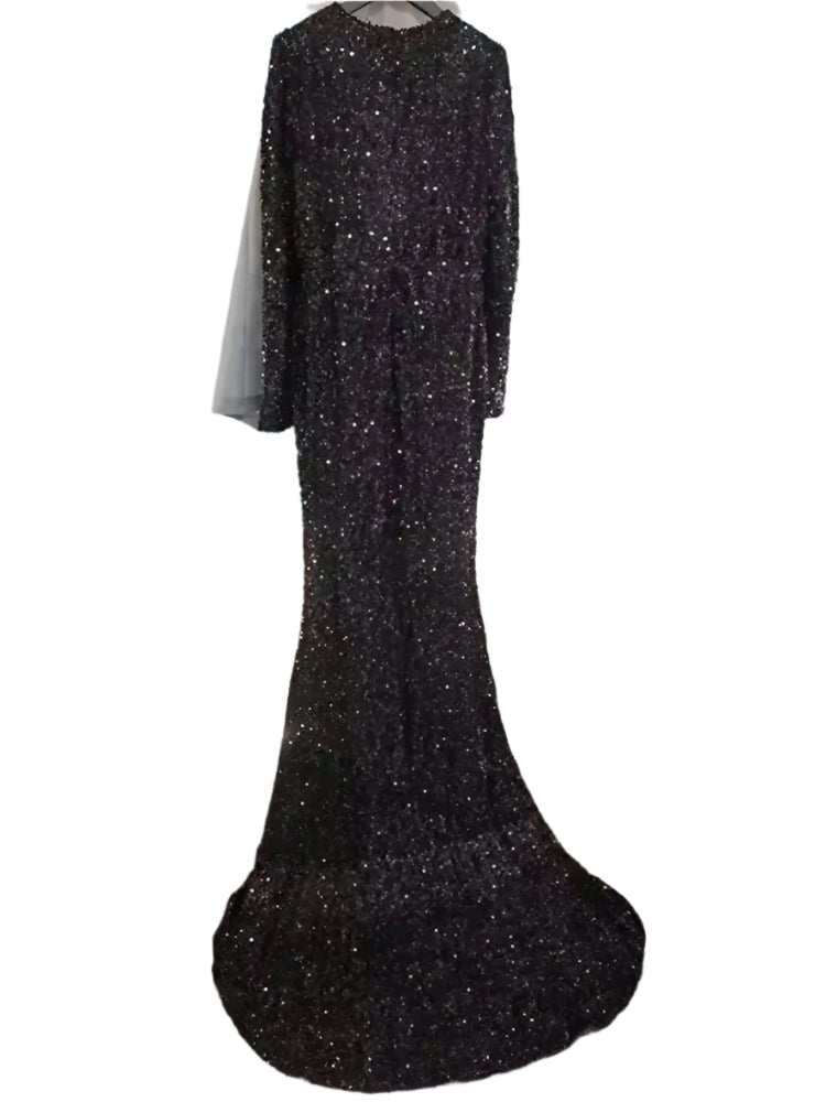 Grey Long Sleeve Sequin Evening Dress